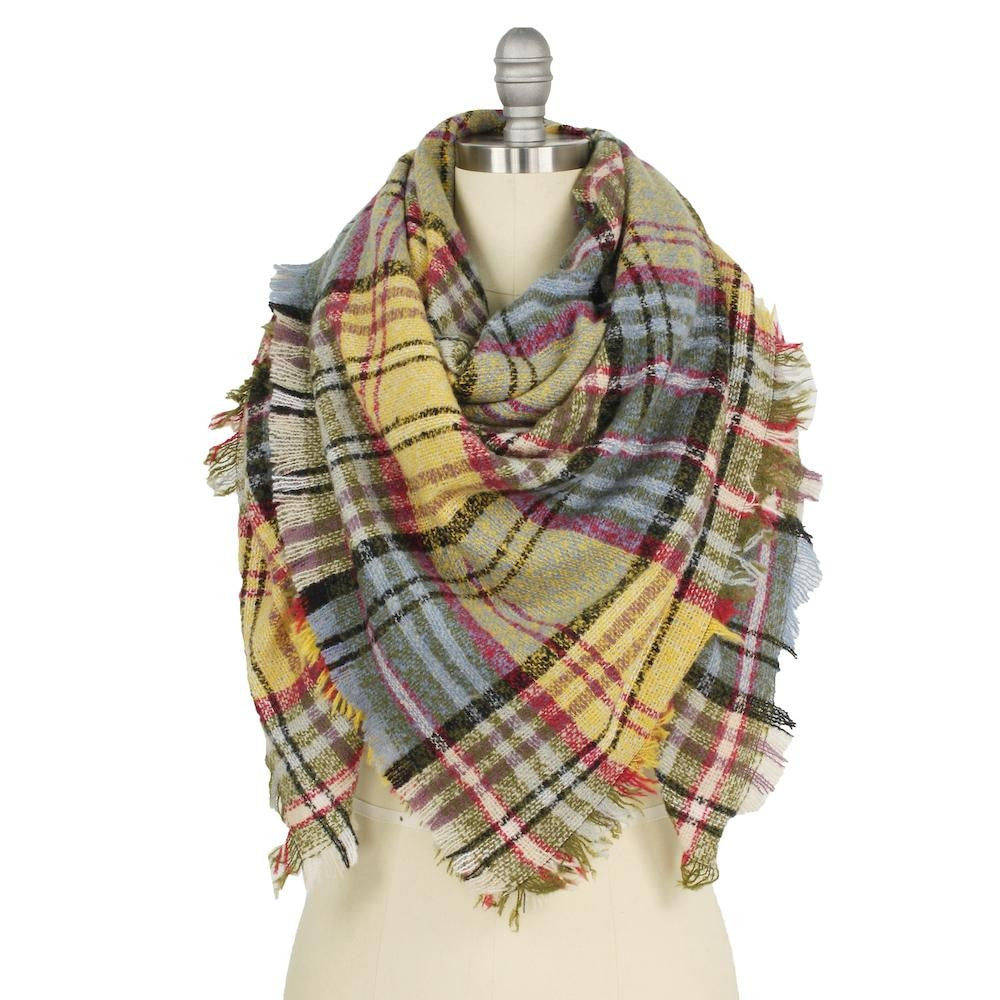 Fall Plaid Square Blanket Scarf Featuring Frayed Trim