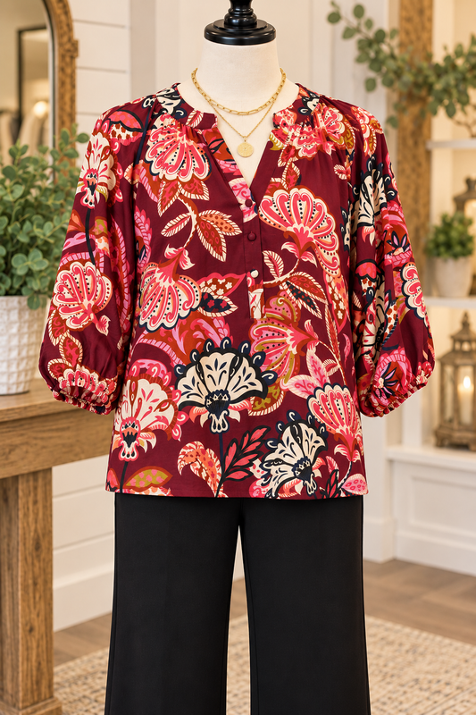 Umgee Burgundy Paisley Print Top