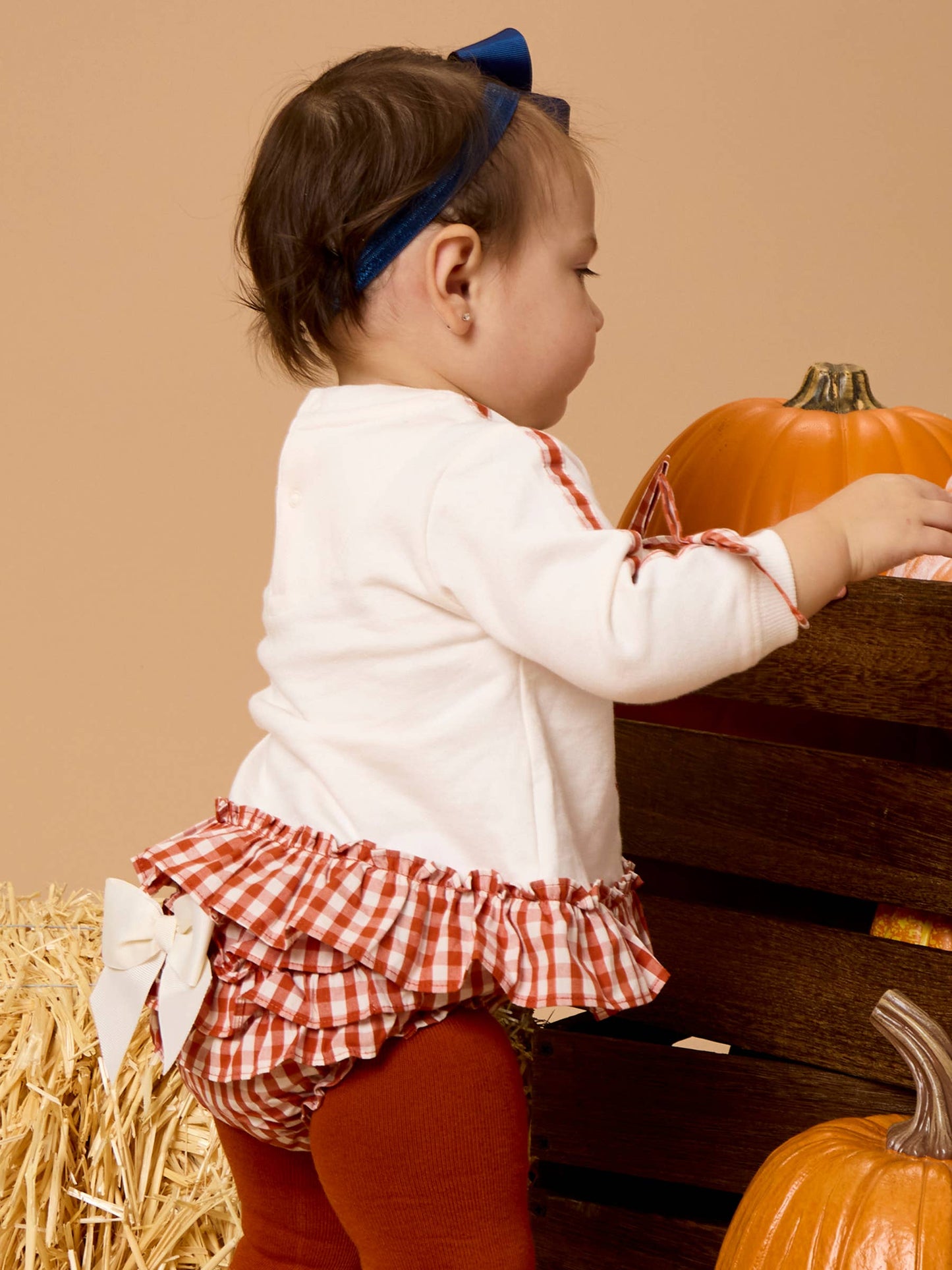 Baby Girls Pumpkin Bow Ivory Applique Ruffle Bow Sweatshirt Swing Top & Ruffle Bloomer Set