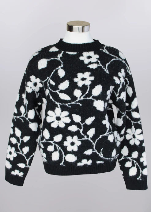 Keren Hart black sweater with white floral detail styled with denim for fall fashion, modest church outfits for fall, Thanksgiving outfit ideas, pumpkin patch outfits, and fall family photos.