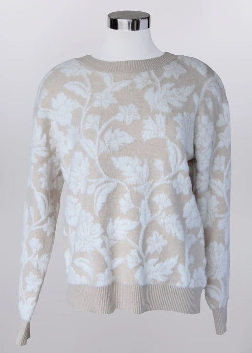 Keren Hart beige sweater with white floral detail styled with jeans for fall fashion, modest church outfits for fall, Thanksgiving outfit ideas, fall family photo outfits, and plus size fall outfits.