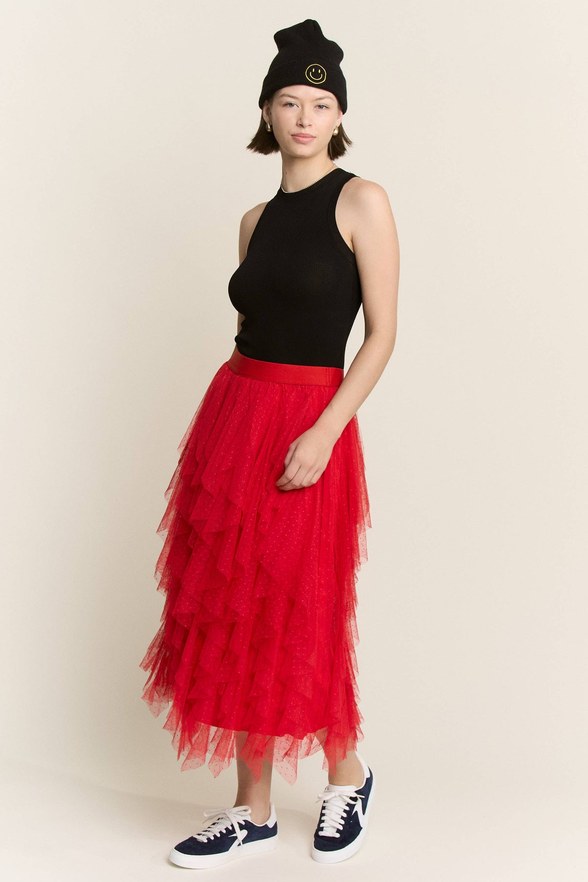 Red Layered Polka Dot Mesh Lined A-Line Midi Skirt