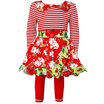 AnnLoren Dress & Leggings Red Floral Stripes Girls Clothing