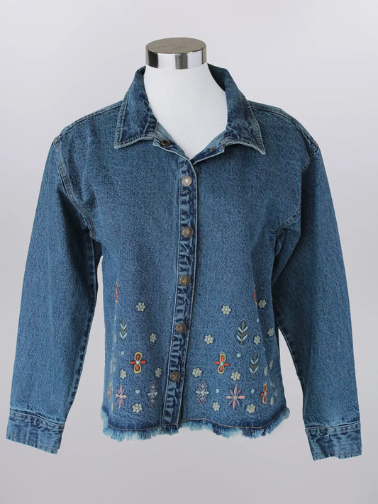Keren Hart Denim Jacket with Embroidery and Fringe hem