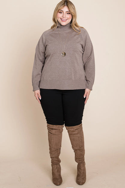 Plus Size Buttery Soft Solid Knit Two Tone Turtleneck - Mocha