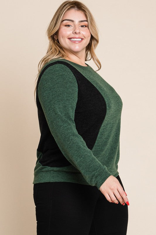 Plus Size Solid Color Block Long Sleeve Top