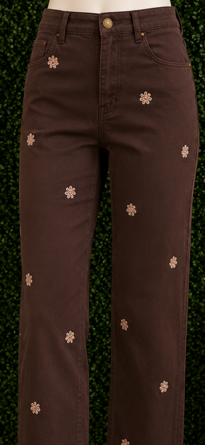 Charlie B Coffee Wide Leg Twill Pants with Front Embroidery