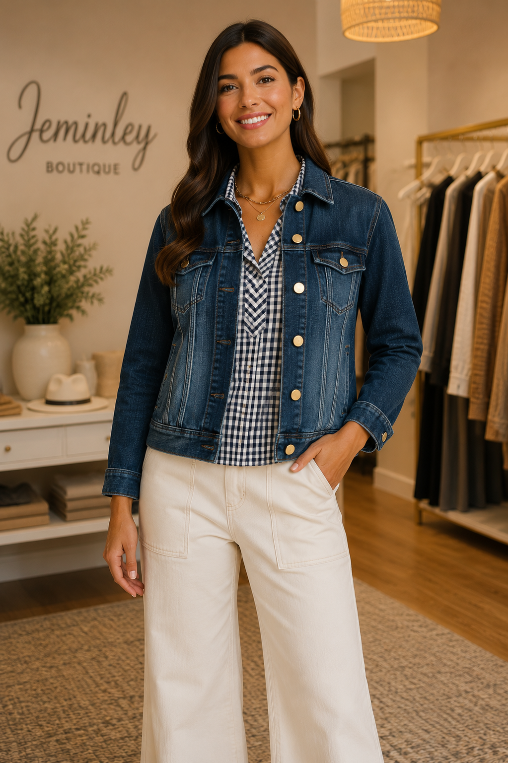 Liverpool ombre denim jacket with golden hardware, stretch fabric, six-button closure, and multiple pockets.