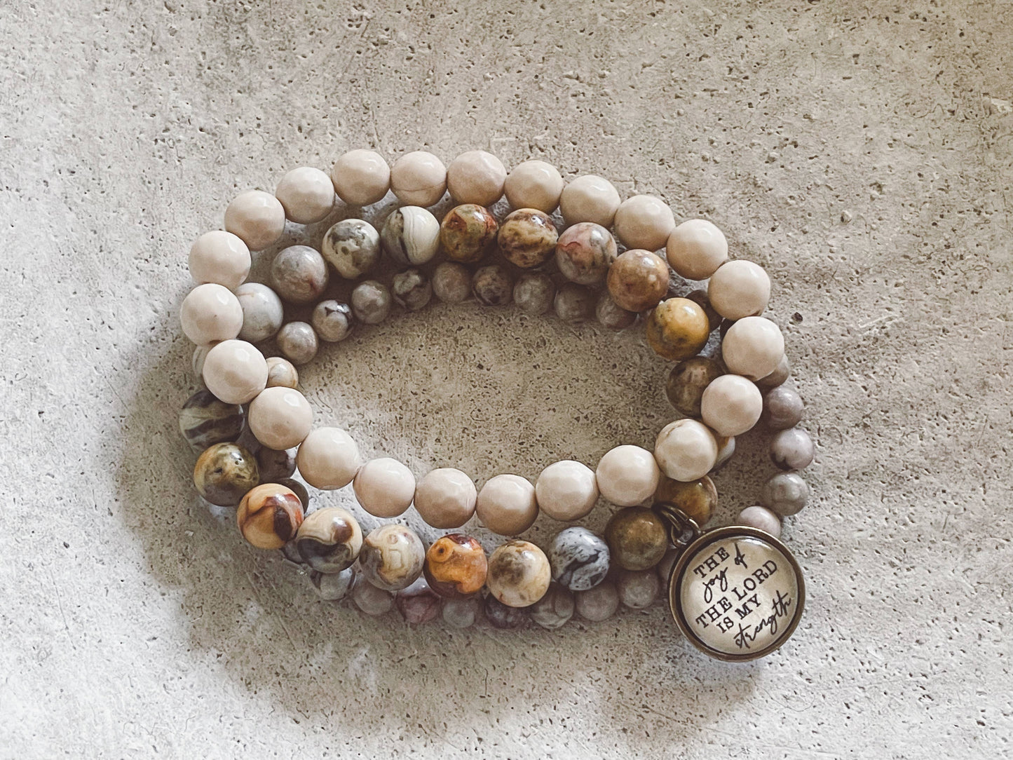Joy of the Lord Stretch Bracelet Stack - Fossil & Agate