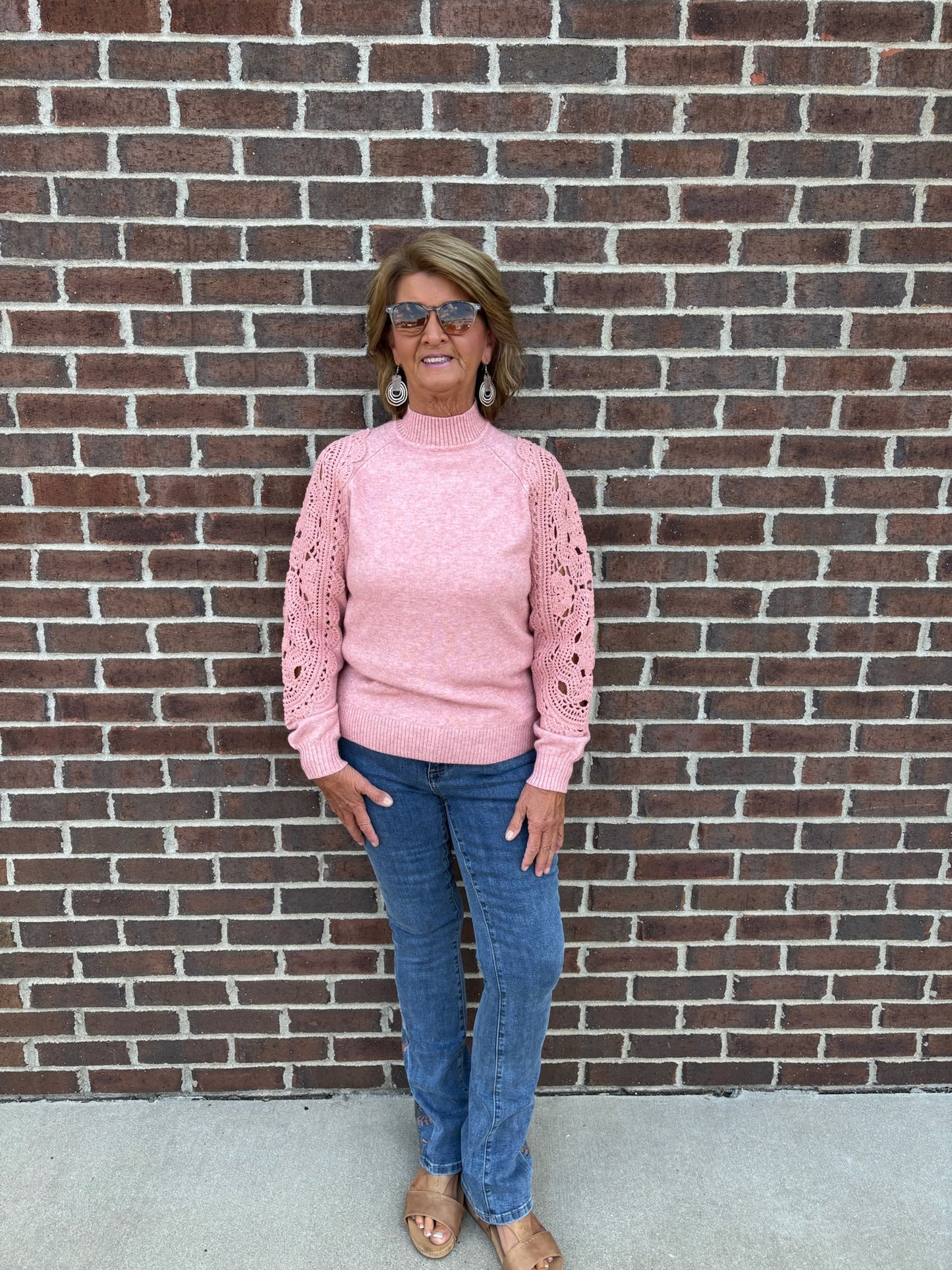 Charlie B Primrose Mock Neck Sweater With Crochet Sleeves