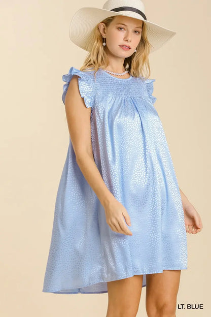 Umgee Animal Jacquard Print Smocked Yoke Short Ruffle Sleeves Dress