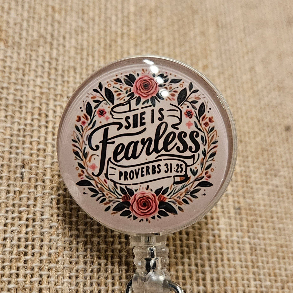 She Is Fearless Badge Reel – Floral Retractable ID Holder with Swivel Alligator Clip