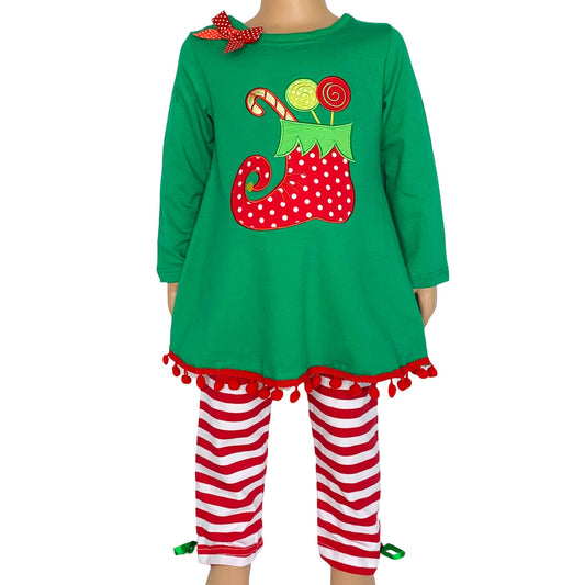 Girls Christmas Clothing Elf Stocking Red Stripe Pants Set
