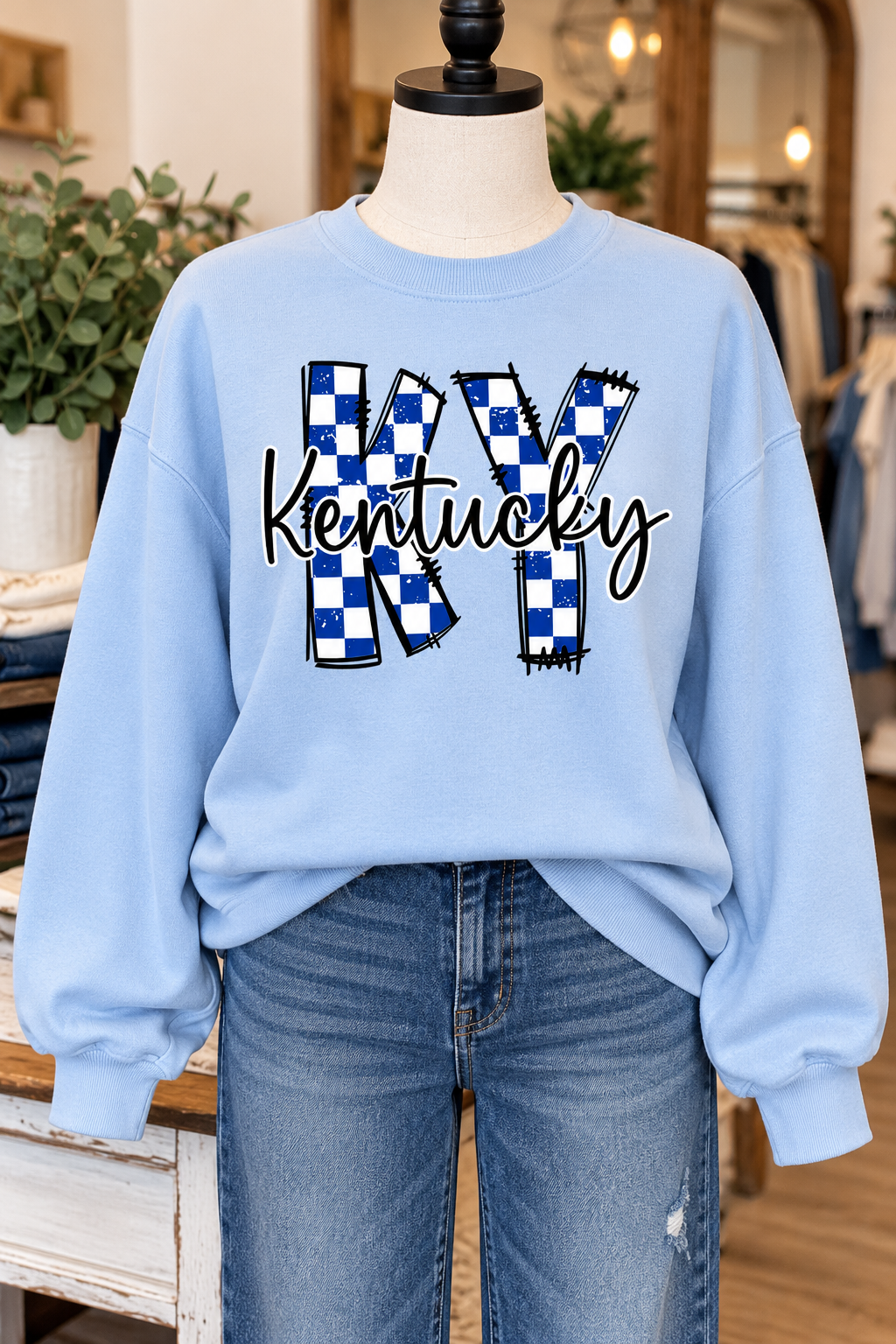 Kentucky Light Blue Checkered Crew