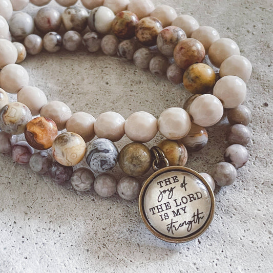 Joy of the Lord Stretch Bracelet Stack - Fossil & Agate