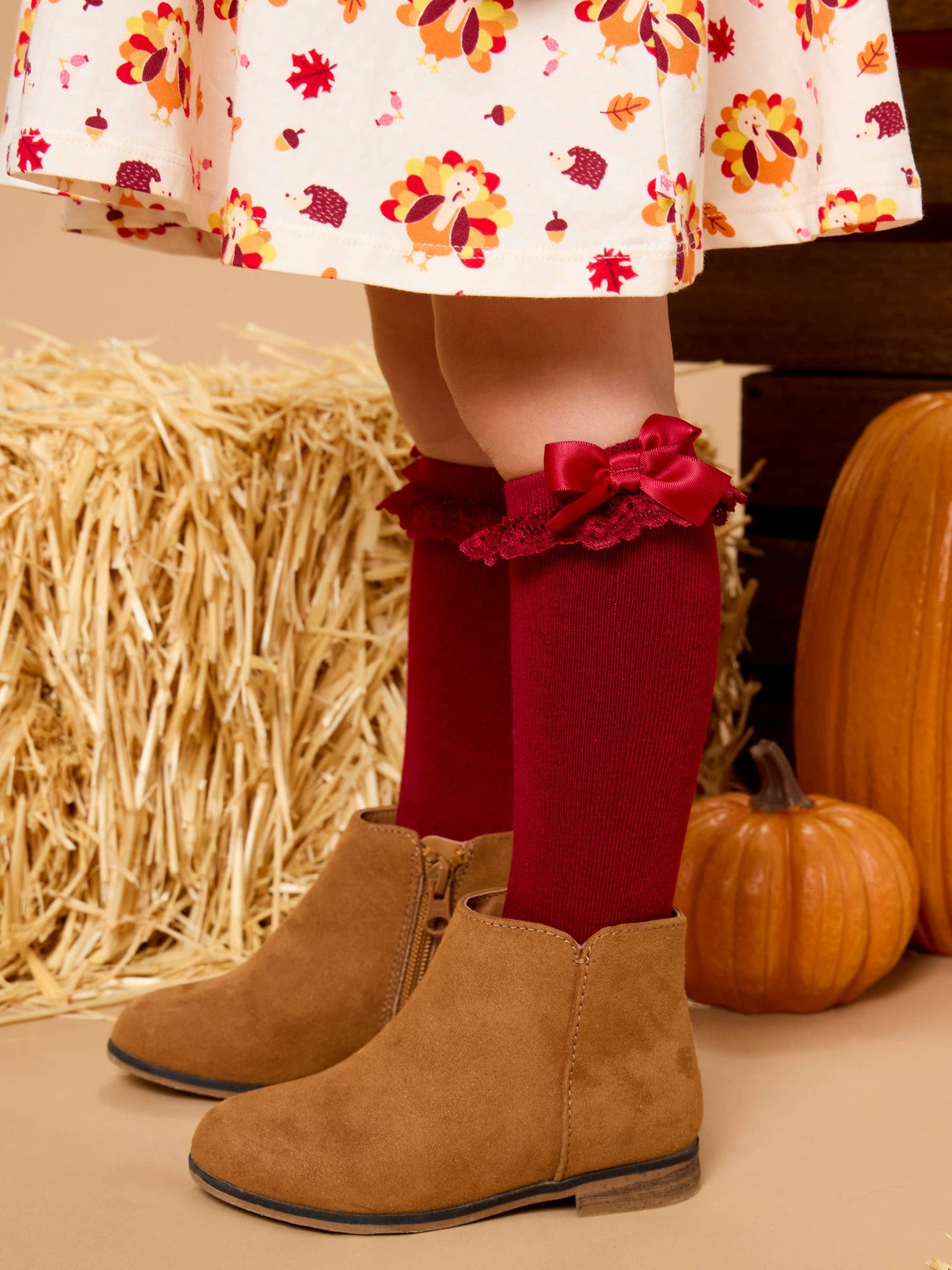 Girls Dark Navy, Ivory, & Dark Cherry 3-Pack Lace Ruffle Bow Knee High Socks