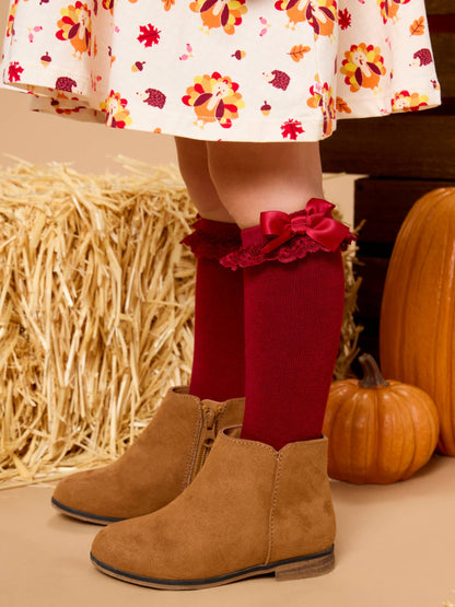 Girls Dark Navy, Ivory, & Dark Cherry 3-Pack Lace Ruffle Bow Knee High Socks