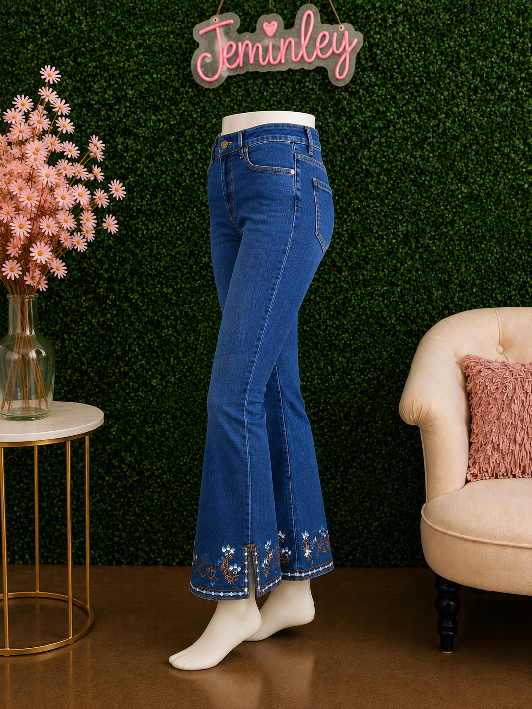 Charlie B Indigo Flare Leg Denim with Slit Hem and Embroidery