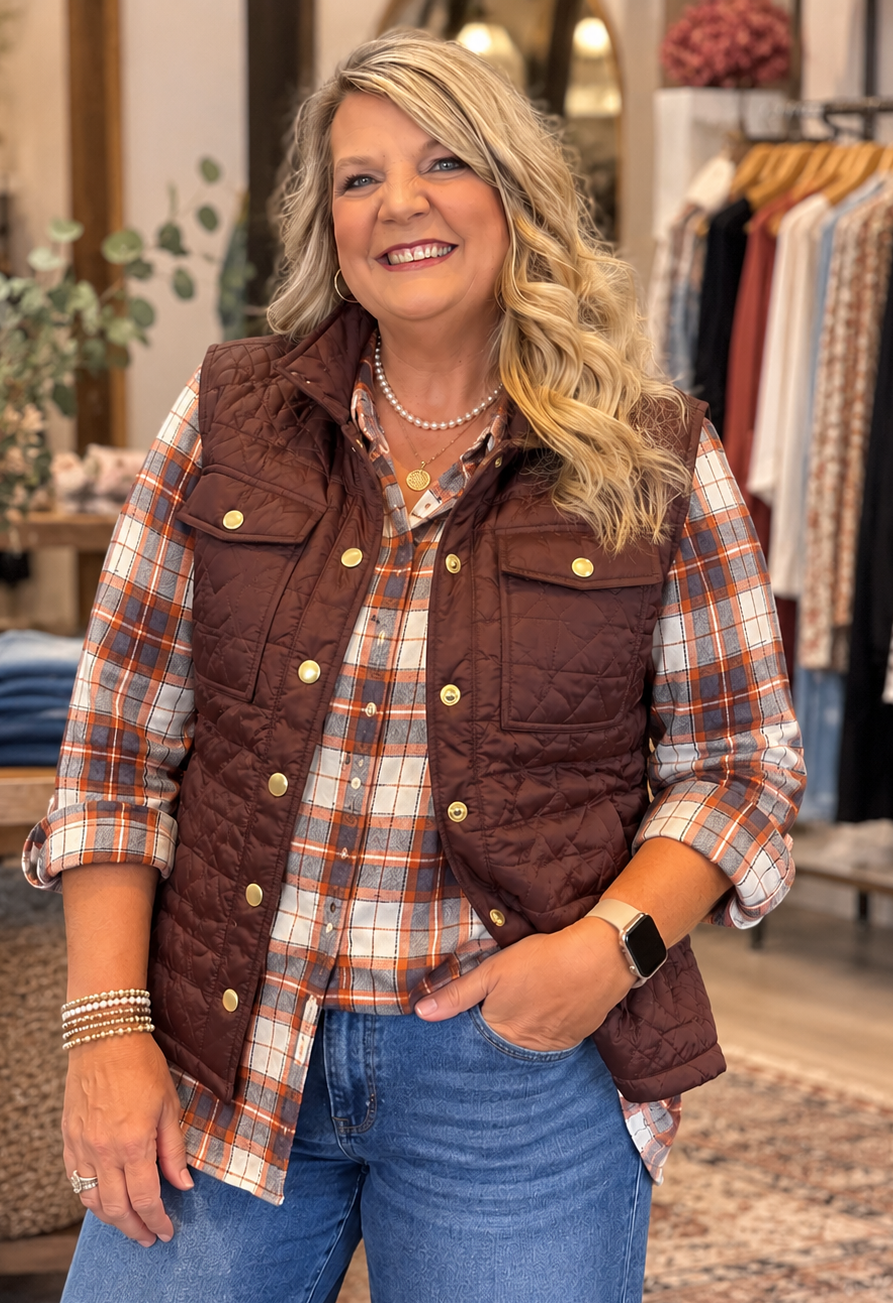 Keren Hart Brown Quilted Vest S-2X