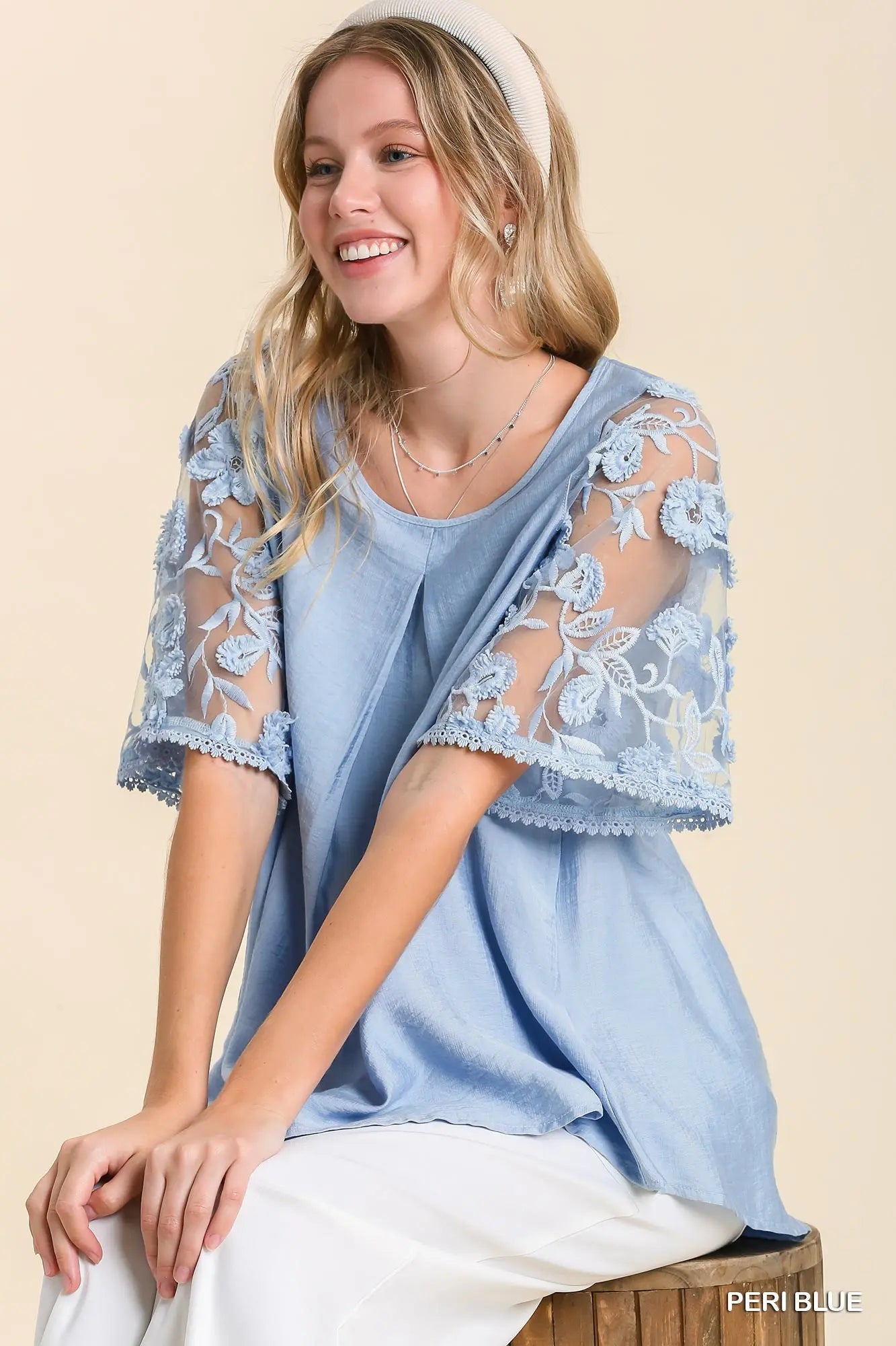 Umgee Peri Blue Floral Applique Mesh Short Sleeve Top