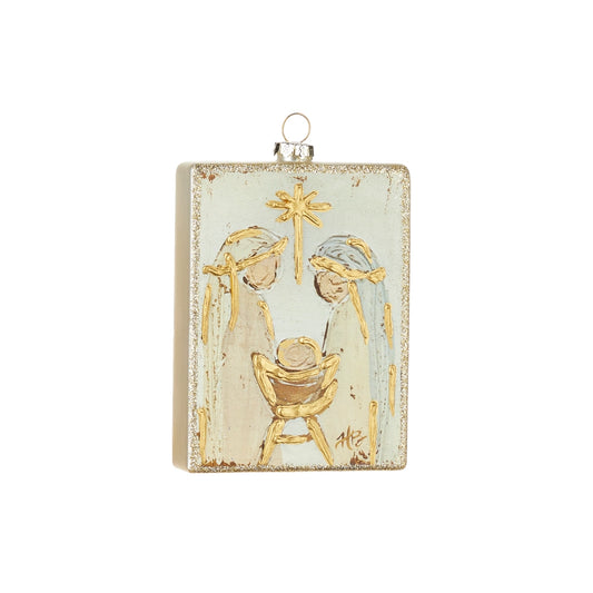 Natural glass Holy Family Christmas ornament featuring Mary Joseph and baby Jesus