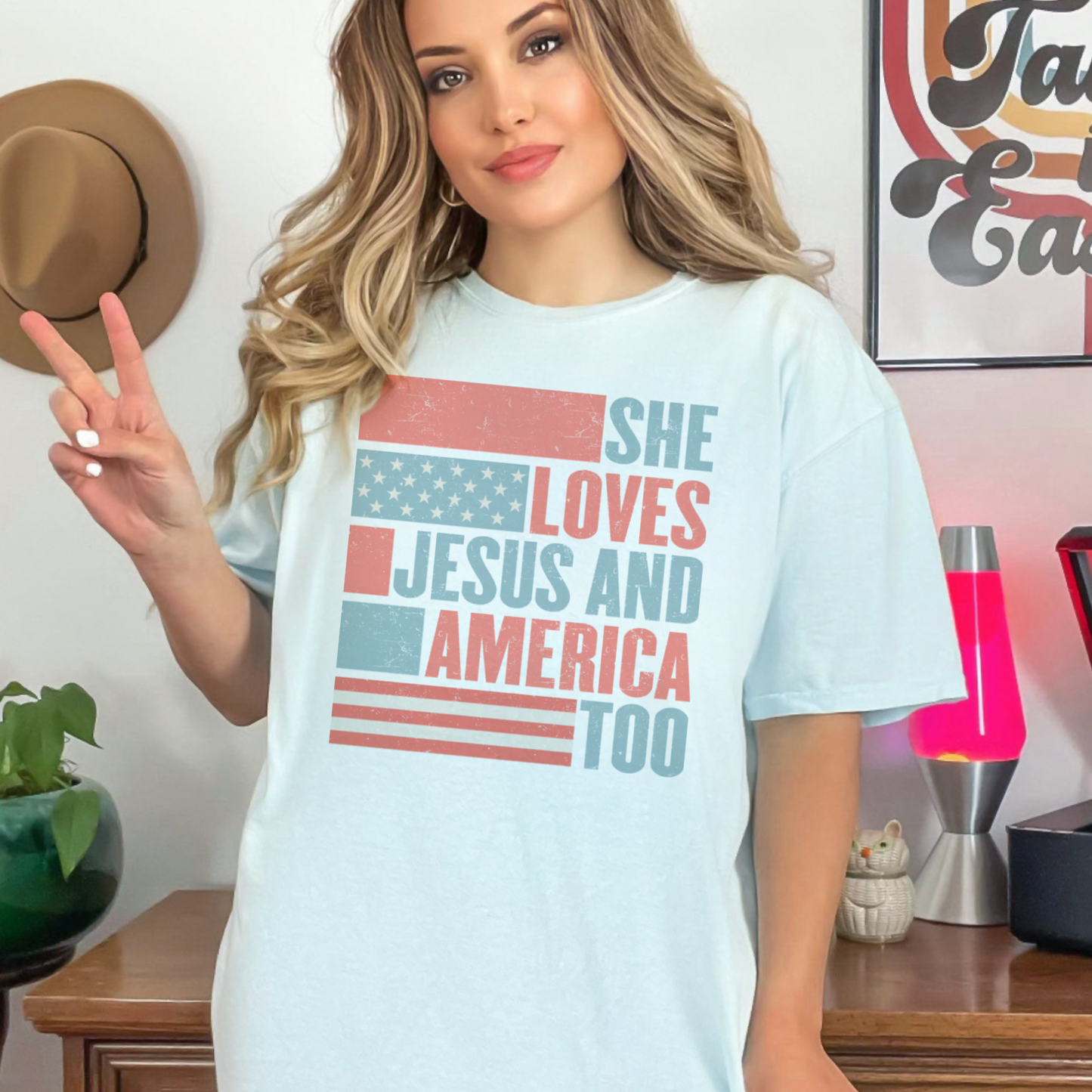 She Loves Jesus and America Too USA Graphic Tee