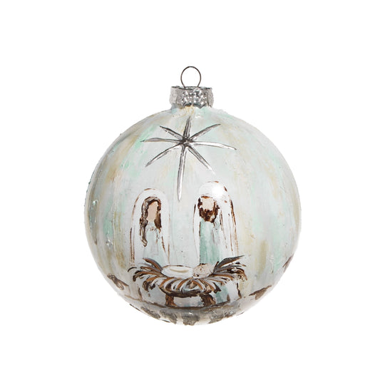 White glass Holy Family Christmas ornament featuring Jesus Mary and Joseph