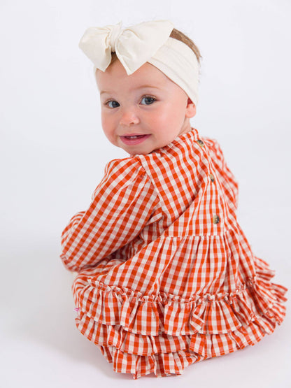 Baby Girls Classic Rust Gingham Woven Long Sleeve Bubble Romper
