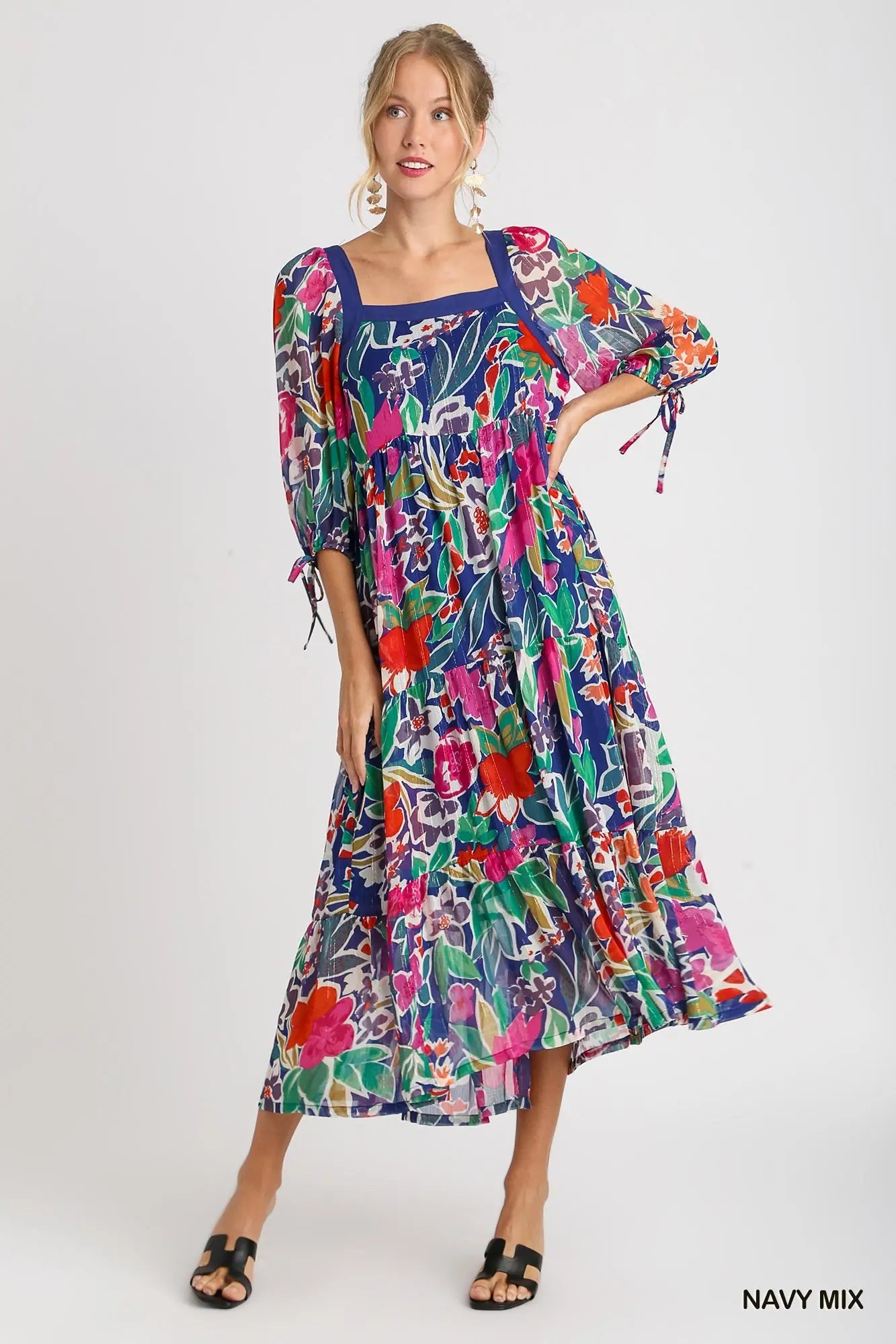 Umgee Floral Print Tiered Midi Dress - Navy Mix