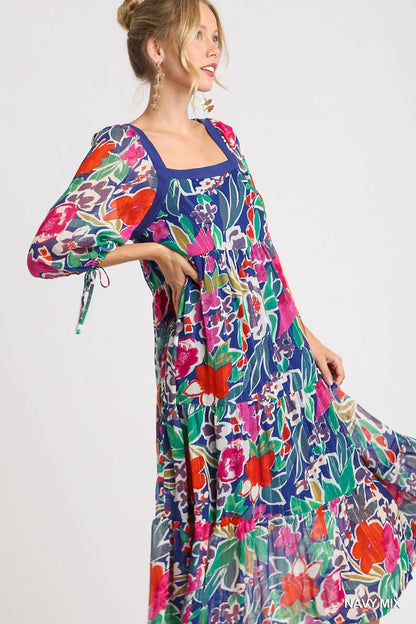Umgee Floral Print Tiered Midi Dress - Navy Mix