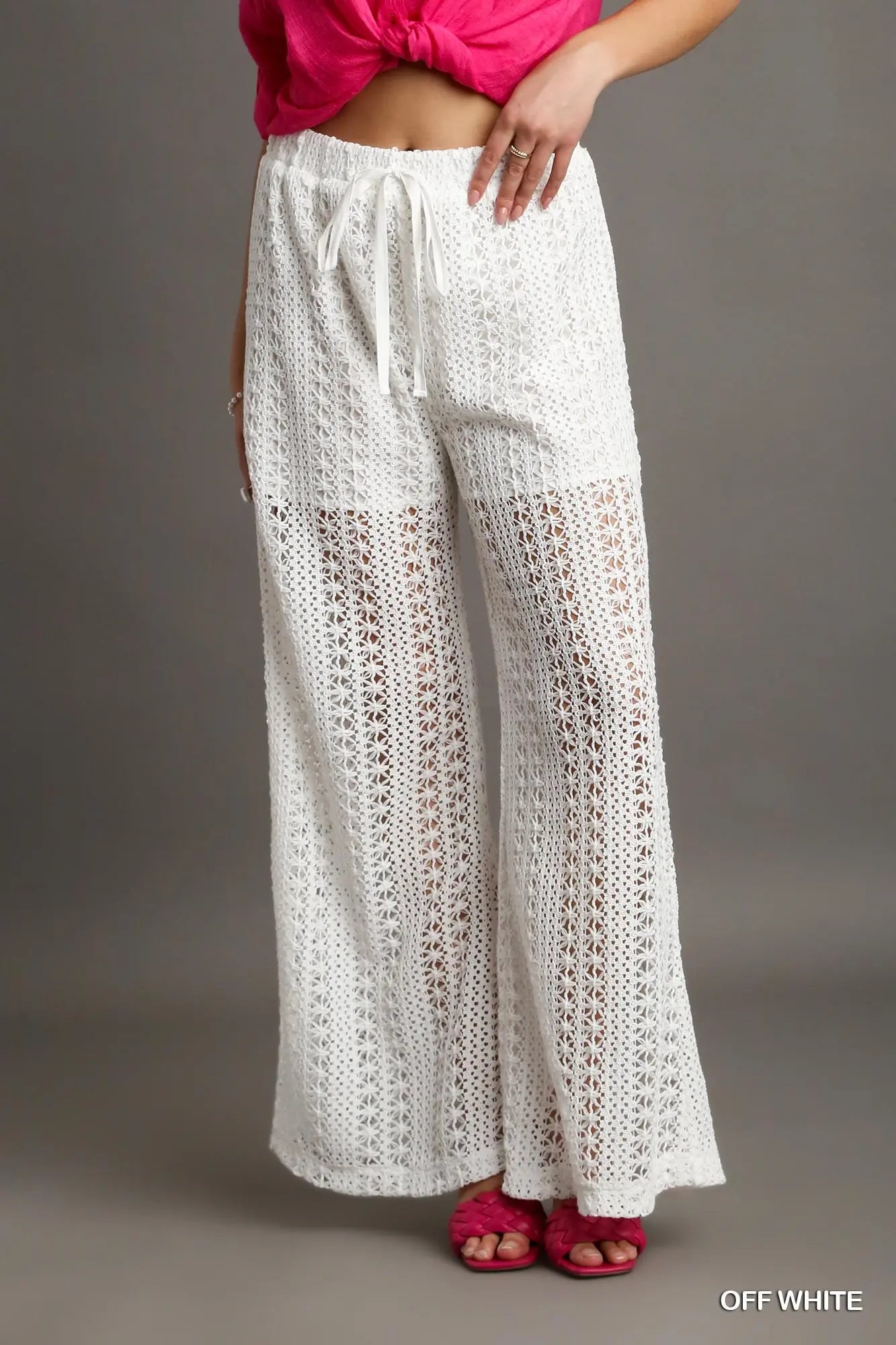 Umgee Crochet Lace Fabric Pants with Elastic Waistband & Drawstring Detail