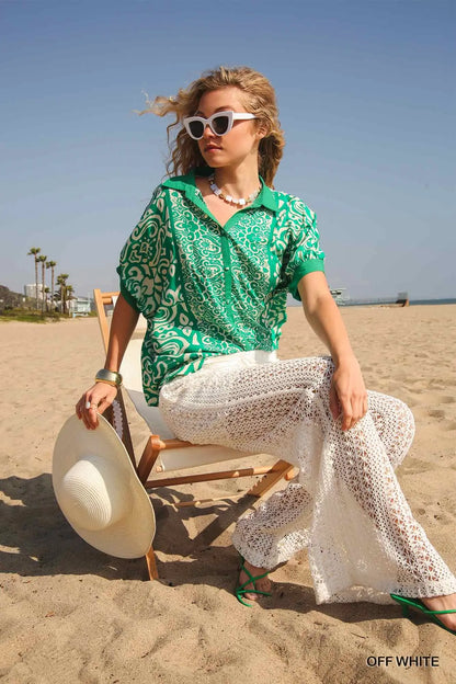 Umgee Crochet Lace Fabric Pants with Elastic Waistband & Drawstring Detail