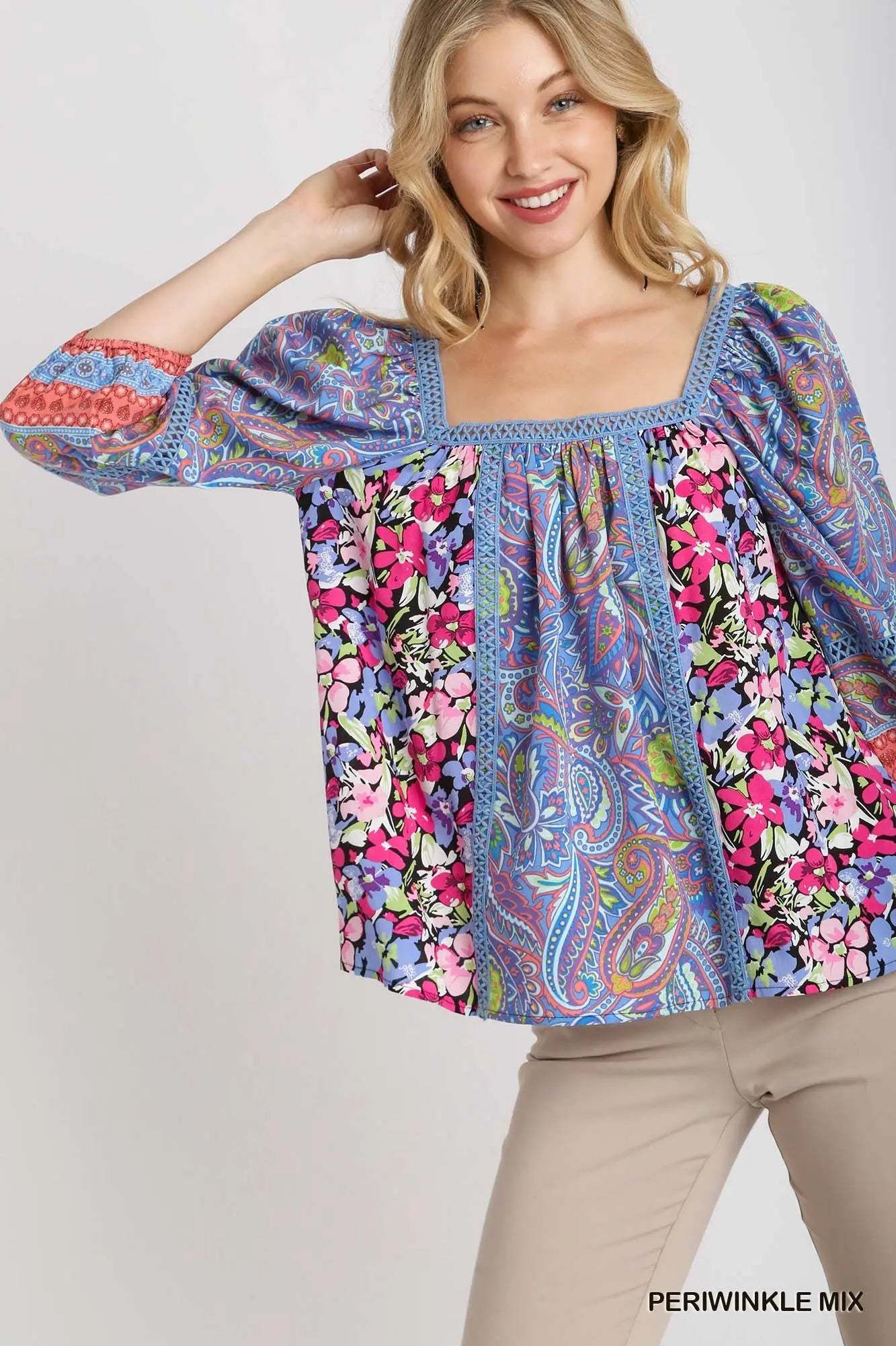 Umgee Square Neck Mixed Print Boxy Cut Top - Periwinkle