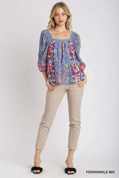 Umgee Square Neck Mixed Print Boxy Cut Top - Periwinkle