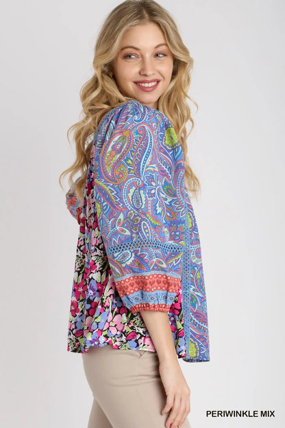 Umgee Square Neck Mixed Print Boxy Cut Top - Periwinkle