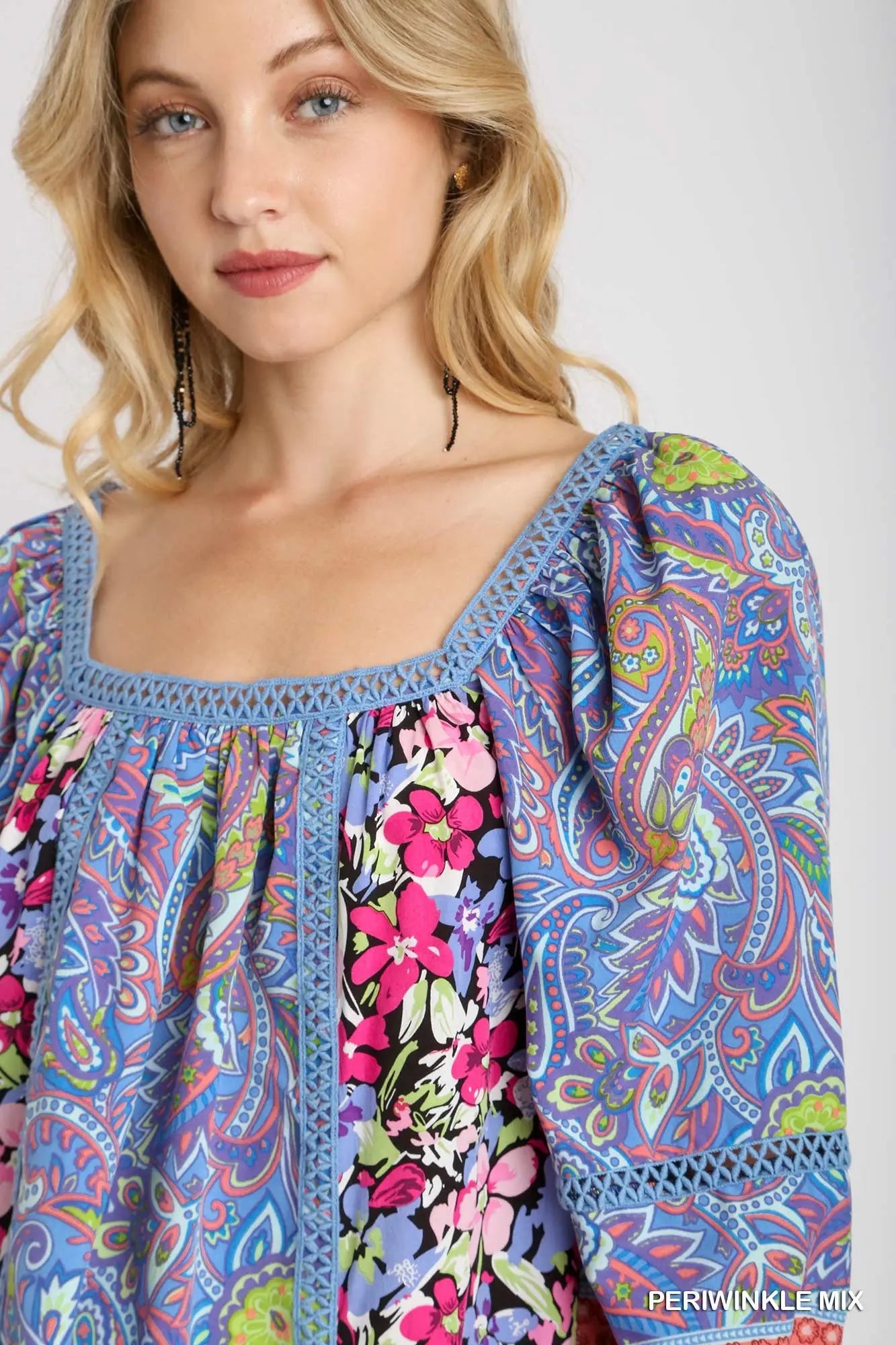 Umgee Square Neck Mixed Print Boxy Cut Top - Periwinkle