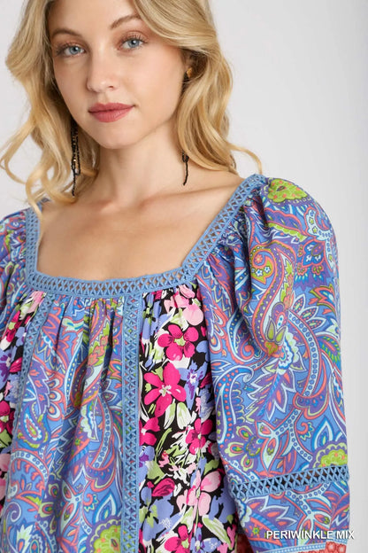 Umgee Square Neck Mixed Print Boxy Cut Top - Periwinkle