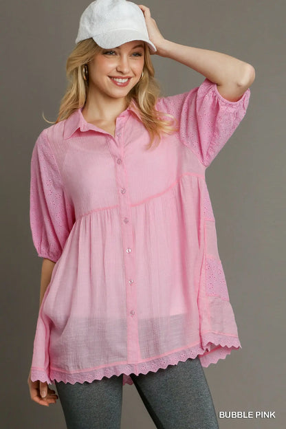 Umgee Eyelet Mix 3/4 Sleeve Tunic - Bubble Gum Pink