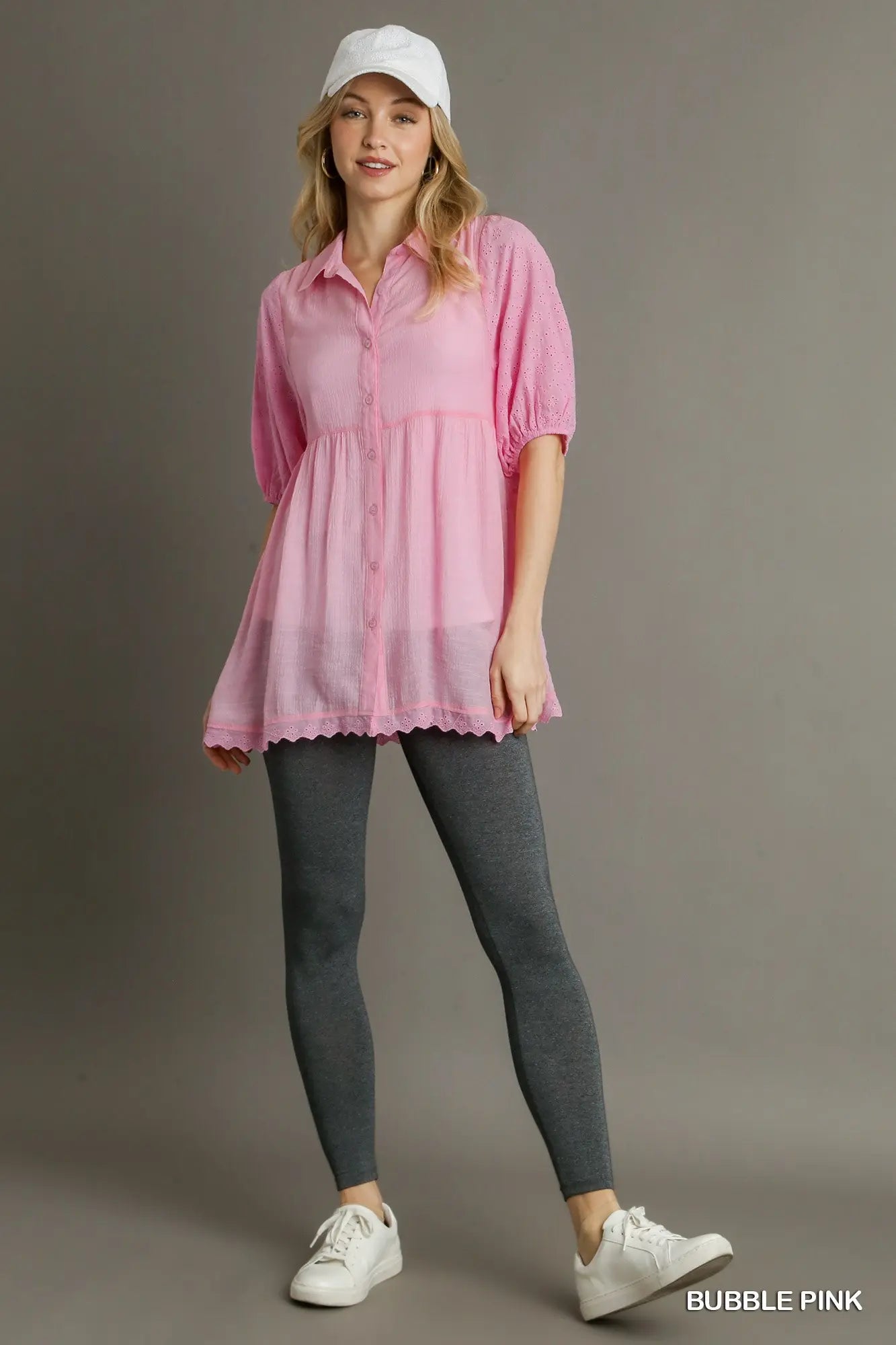 Umgee Eyelet Mix 3/4 Sleeve Tunic - Bubble Gum Pink