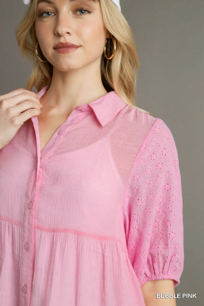 Umgee Eyelet Mix 3/4 Sleeve Tunic - Bubble Gum Pink
