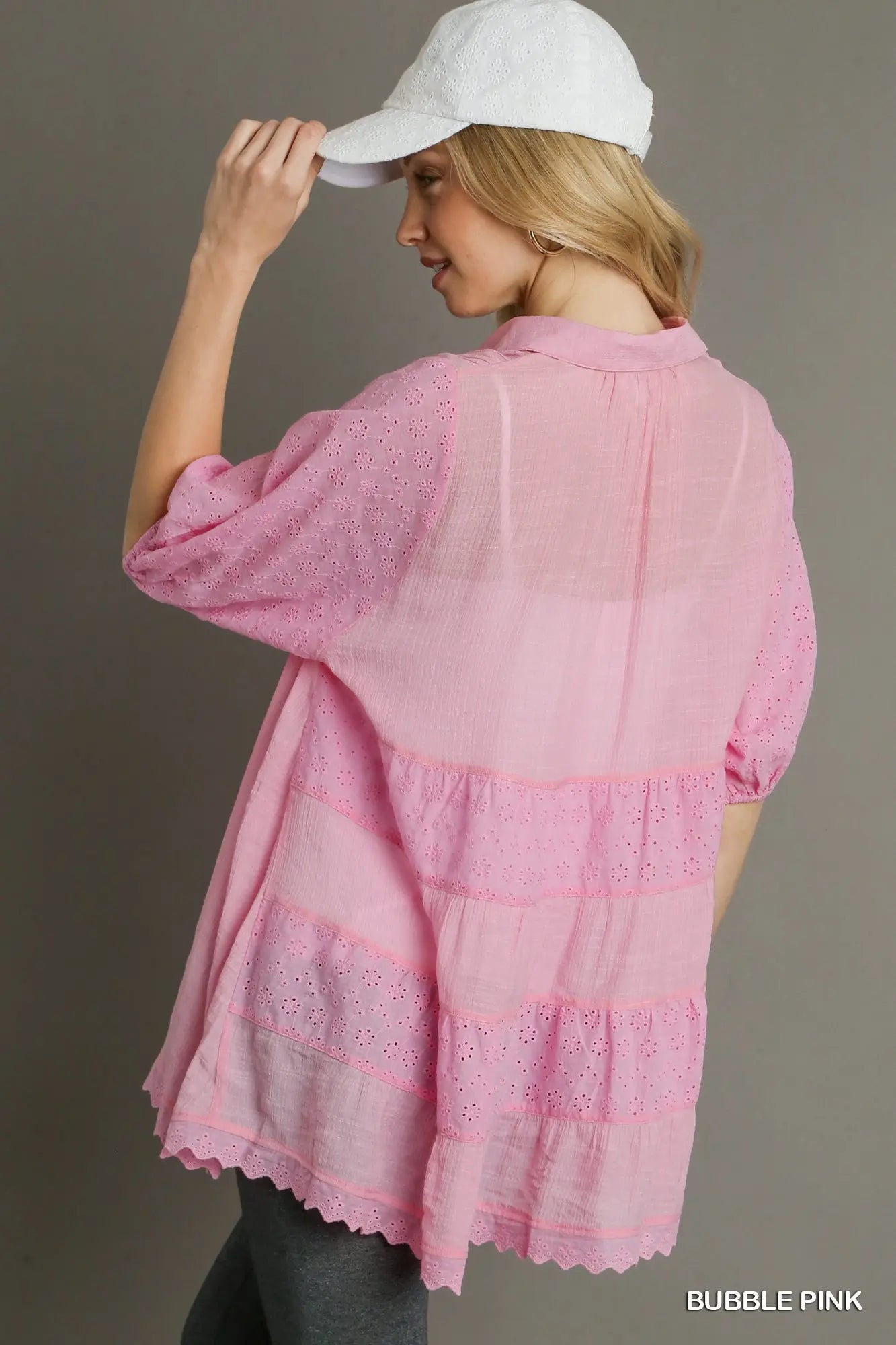 Umgee Eyelet Mix 3/4 Sleeve Tunic - Bubble Gum Pink