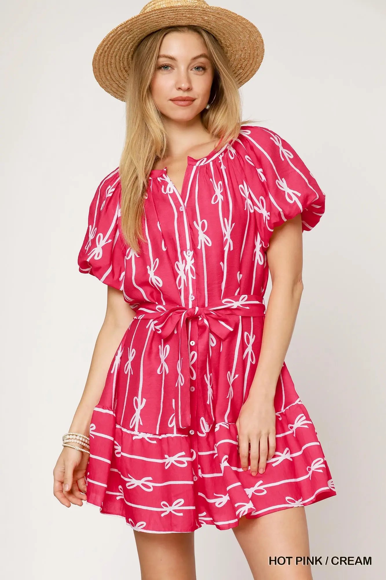 Umgee Bow Print Flutter Button Down Dress