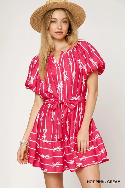 Umgee Bow Print Flutter Button Down Dress