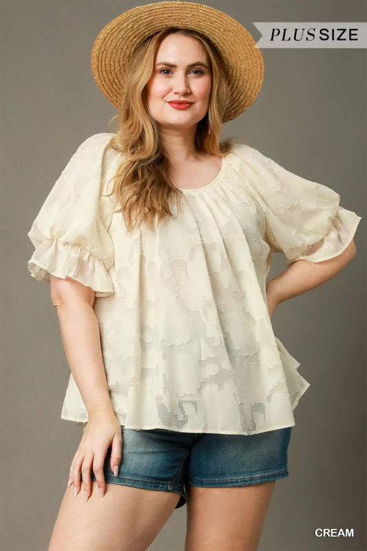 Umgee Cream Jacquard Lace Round Neck Pleated Detail Bubble Sleeve Top