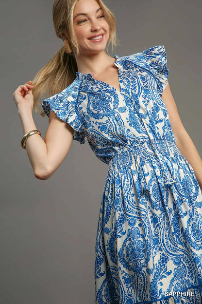 Umgee Sapphire Two Tone Paisley Print Midi Dress