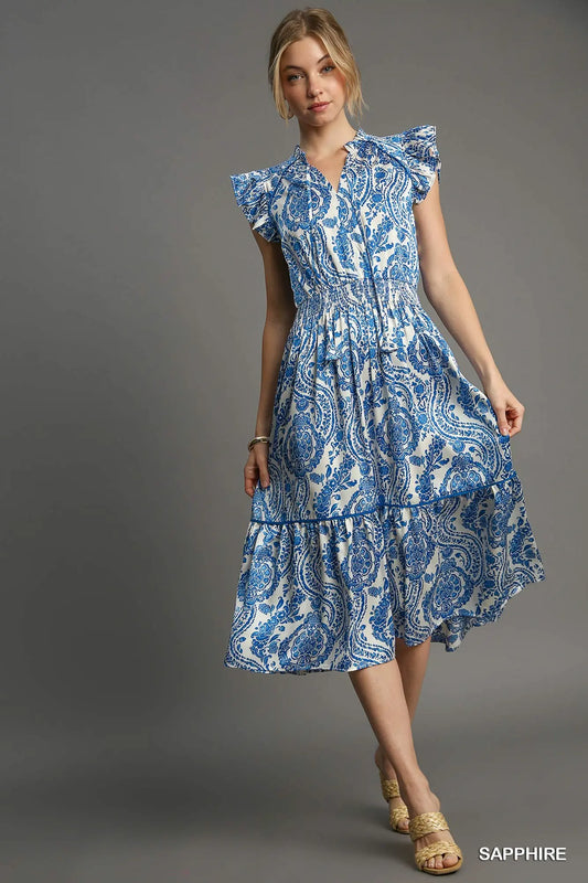 Umgee Sapphire Two Tone Paisley Print Midi Dress