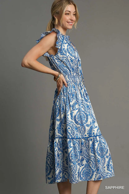 Umgee Sapphire Two Tone Paisley Print Midi Dress