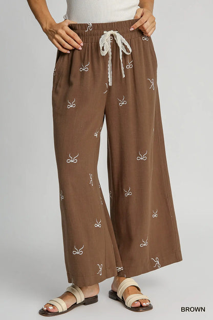 Umgee Embroidered Linen Pull-On Pants