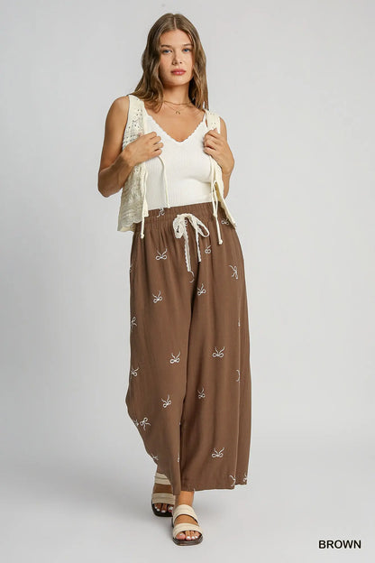 Umgee Embroidered Linen Pull-On Pants