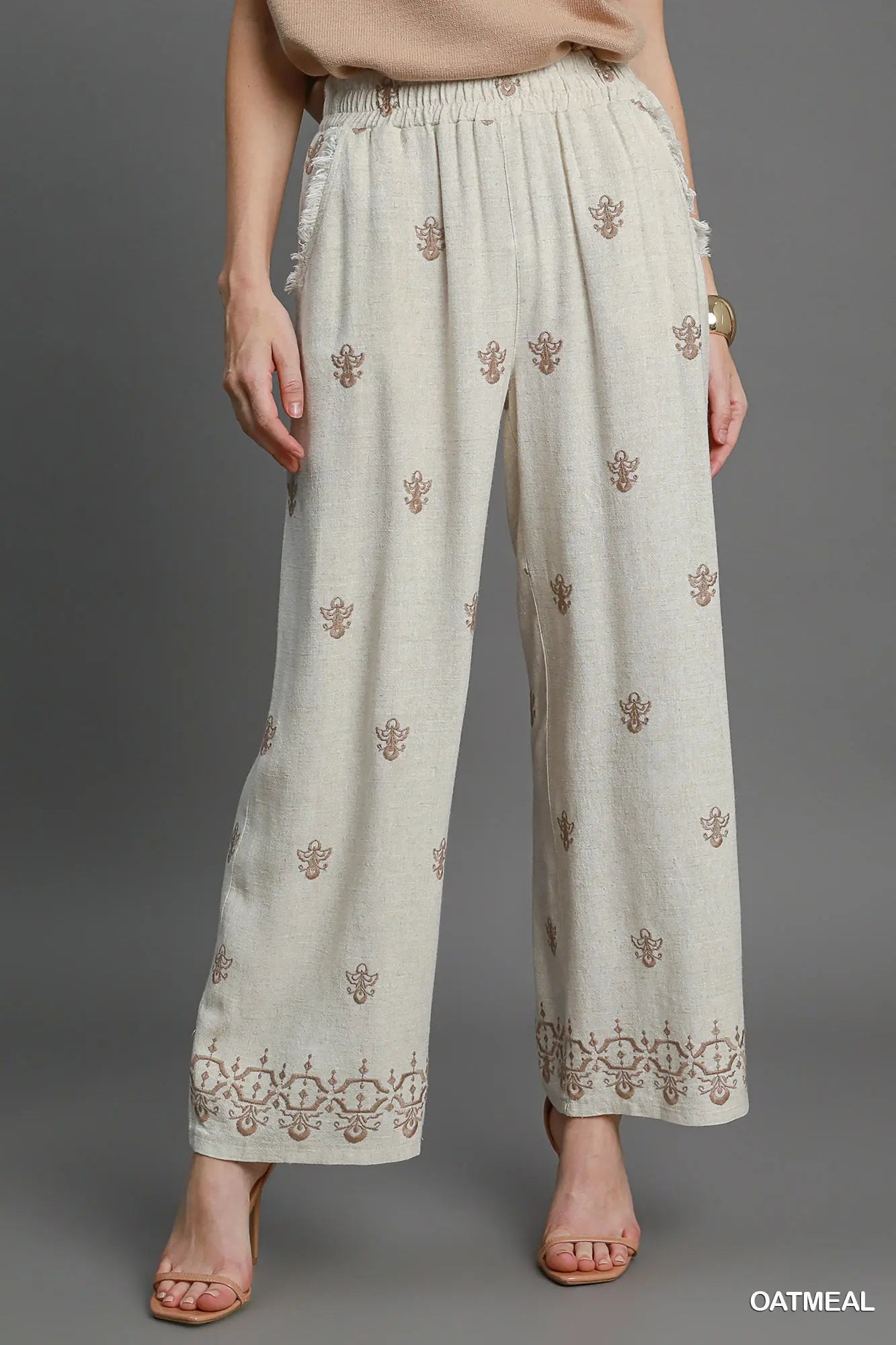 Umgee Oatmeal Linen Blend Wide Leg Pants with Detail